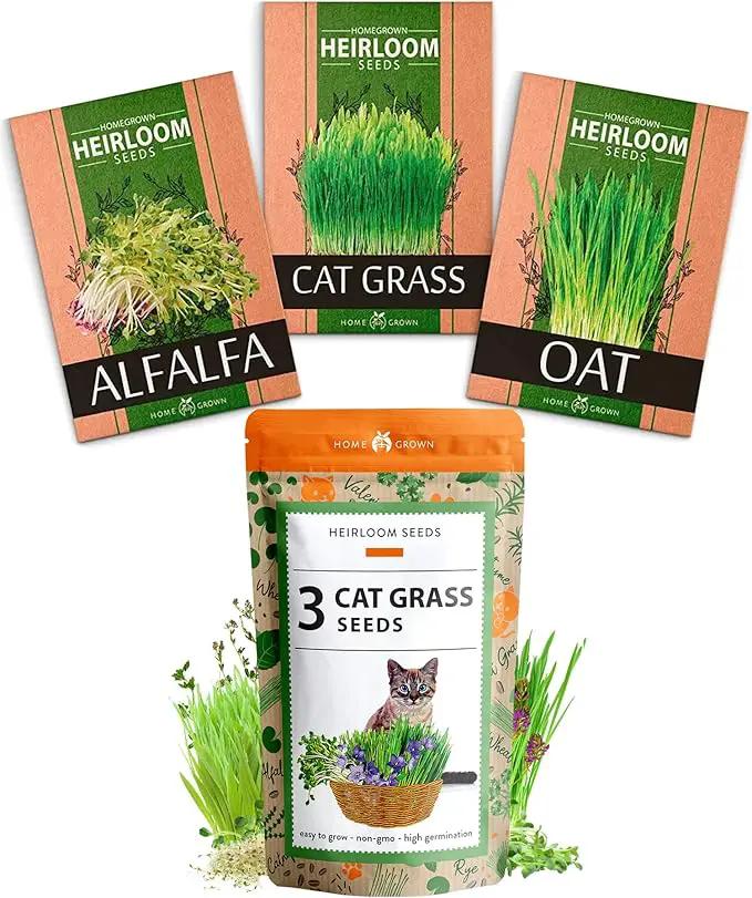 HOME GROWN 3 Cat Grass Seed Mix – Non-GMO Heirloom Oat, Alfalfa & Cat Grass Seeds | Indoor Pet Grass for Cats | High-Germination Greens for Hairball Control, Digestion, and Chewing Enrichment by GreenHaven Gardens