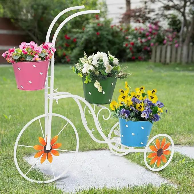 BAYN Bicycle Planter Stand, Metal Flower Pot Cart Holder Tricycle Planter with 3 Plant Bucket Outdoor Decorative for Patio, Deck, Garden, Lawn by GreenHaven Gardens