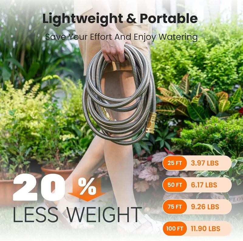 Girafe Tools Garden Hose 100ft x 5/8", 304 Stainless Steel Metal Water Hose, No Kink Garden Water Hose with 9 Pattern Spray Nozzle, Flexible, Lightweight, Kink Free Hose for Yard, Outdoor by GreenHaven Gardens