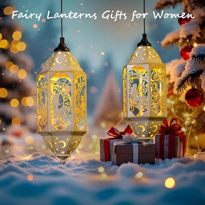 Outdoor Solar Lanterns Waterproof Fairy Moon Garden Gifts for Women Mom12.4‘’ Metal Garden Lanterns Hanging Light for Patio Backyard Decorations, Mothers Day Birthday Gifts (Gold White,2Pack) by GreenHaven Gardens