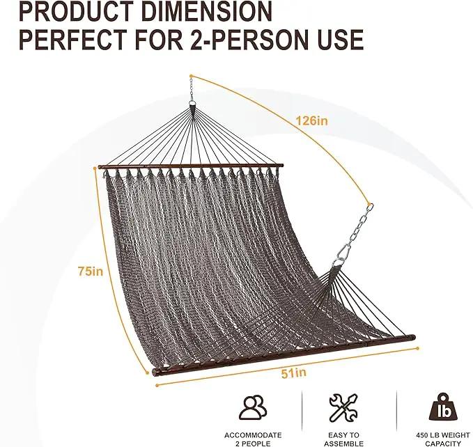 Lazy Daze Hammocks 10.5 FT Double 2 Person Caribbean Rope Hammock, Hand Woven Polyester Hammock with Spreader Bars for Outdoor Backyard Patio Poolside, 450 LBS Capacity, Brown by GreenHaven Gardens