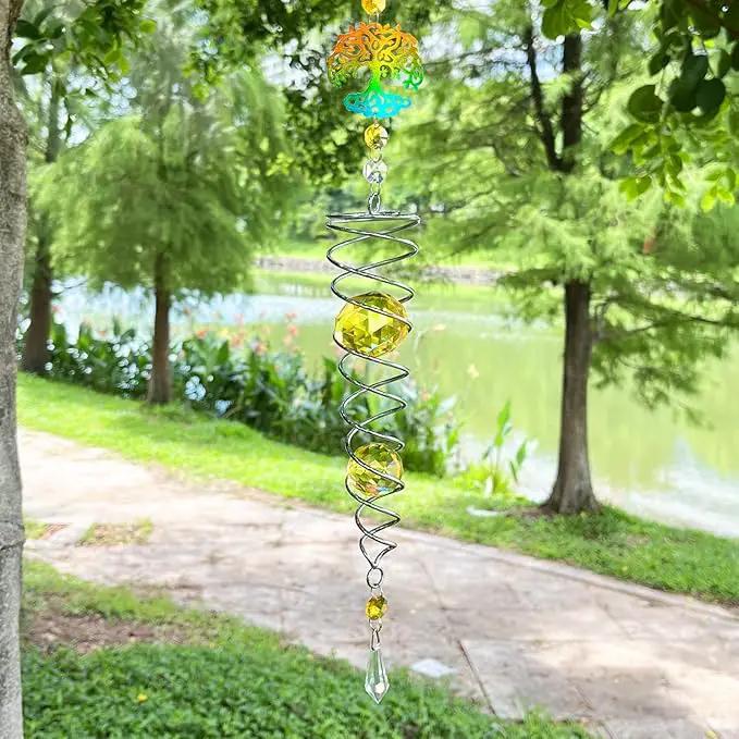 FONMY Tree of Life Gazing Ball Spiral Wind Spinner Sun Catcher Rainbow Maker Silver Spiral W/Golden K9 Crystal Ball Tree Hanging Ornament Indoor Outdoor Garden Decor. 19.5inch H by GreenHaven Gardens