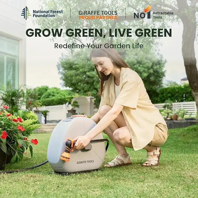 Giraffe Tools Ground Mounted Retractable Hose Reel 1/2 Inch x 82FT, Heavy Duty Automatic Rewind Garden Hose Reel, with Flexible Swivel Base for Lawn, Concrete Floor by GreenHaven Gardens