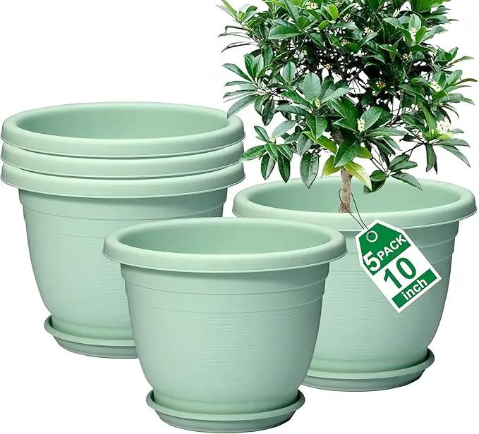 5 Packs 10 inch Plant Pots + Saucer, Planters for Indoor & Outdoor Plants with Drainage Holes | Plastic Flower Pots, Large Planter (Light Green, 10 inch) by GreenHaven Gardens