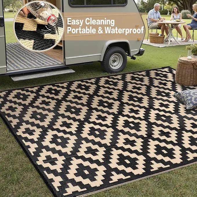 Outdoor Plastic Straw Rug, Waterproof Mat, Washable Large Floor Mat and Rug for Outdoors, RV, Beach, Patio, Camping, Backyard, Deck, Picnic, Indoor Outside (6x9ft,Geometry/Black&Beige) by GreenHaven Gardens