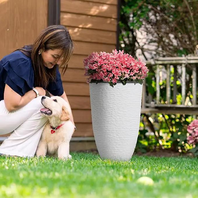 WORTH Garden 2-Pack 21" H. White Tall Planters with Inside Pots - 14'' Dia Plastic Large Round Plant Tree Pots - Decorative Imitation Stone Finish for Indoor Outdoor Front Porch Container Patio by GreenHaven Gardens