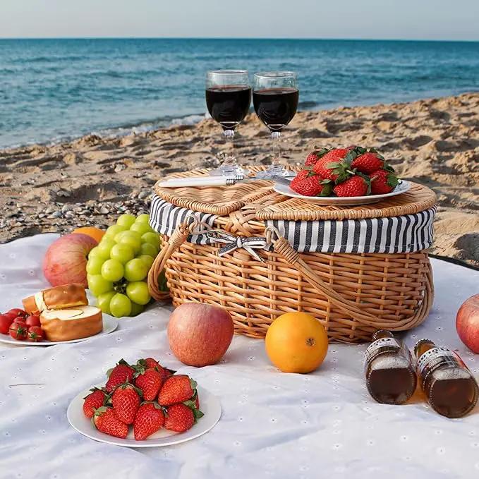 Happypicnic Wicker Picnic Basket with Handle, 15" Large Empty Picnic Basket with Lid & Removable Liner, Vintage Hand Woven Basket for Picnics, Camping, Veg Picking, Mother'S Day, Thanksgiving (Stripe) by GreenHaven Gardens