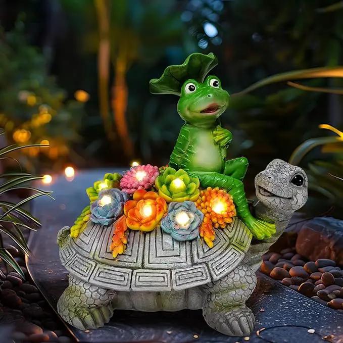 ILLUMINEW Solar Garden Outdoor Statues Turtle& Frog with Succulent and 8 LED Lights, Turtle Carrying Lotus Leaf Frog Figurines, Lawn Decorations for Patio Yard Gifts for Mom Grandma Housewarming by GreenHaven Gardens