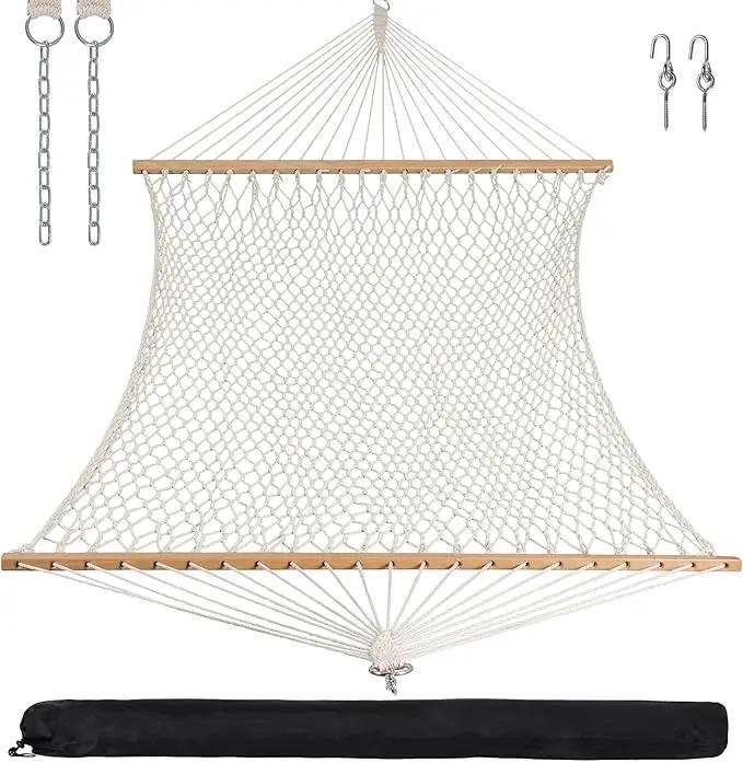 ANOW Rope Hammock Double Hammock with Hardwood Spreader Bar and Carrying Bag, 450 LBS Weight Capacity for Two Person, Natural by GreenHaven Gardens