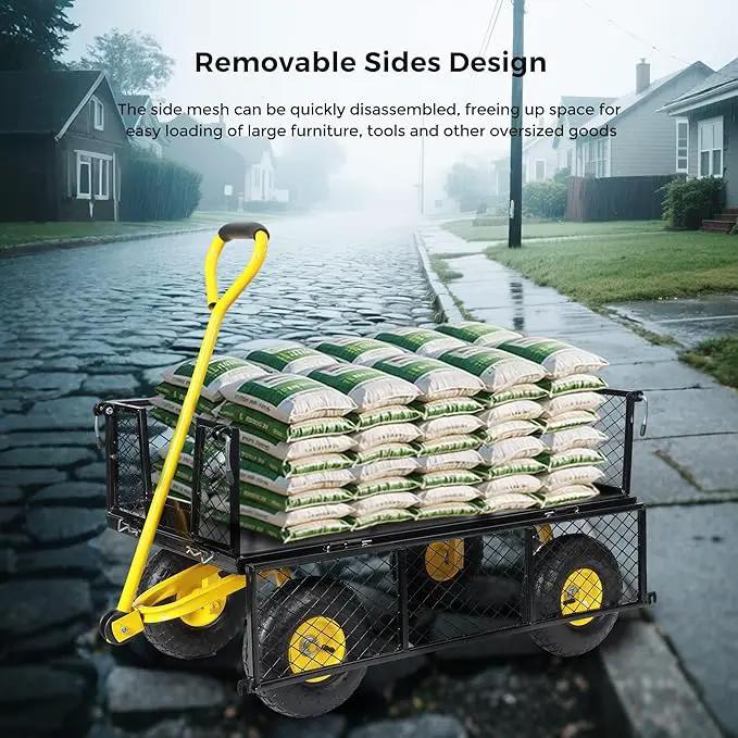 SUNNYFEEL 900 Lbs Capacity Heavy Duty Mesh Steel Garden Cart,Folding Utility Cart with Removable Side Nets, Non-Slip Rubber Base, Black & Yellow,Upgraded Version by GreenHaven Gardens
