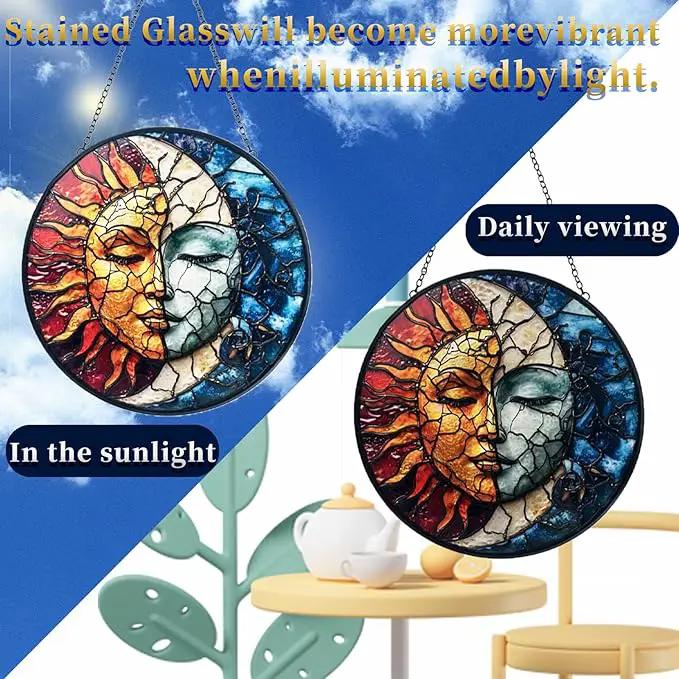 Sun and Moon Decor Suncatcher Stained Glass Window Hanging - Handmade Stained Glass Suncatchers Hanging Decoration with Metal Chain - Outdoor Garden Decor Gift for Women Christmas Thanksgiving Gifts by GreenHaven Gardens