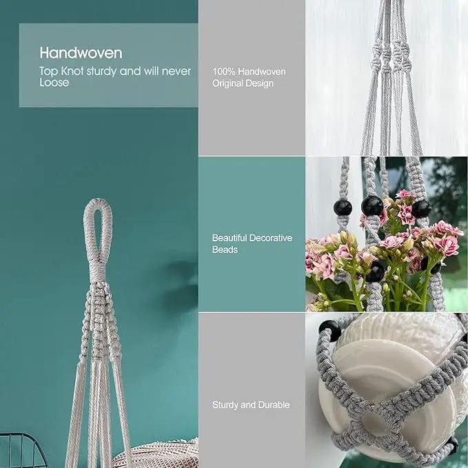 Macrame Plant Hanger for 5 to 10 Inch Plant Pots, Set of 2 Indoor Handmade 35 Inch Woven Rope Hanger Kits with Hooks and Wood Beads, Hanging Planter Basket Holder for Boho Home Decor (Grey, 2 Pack) by GreenHaven Gardens