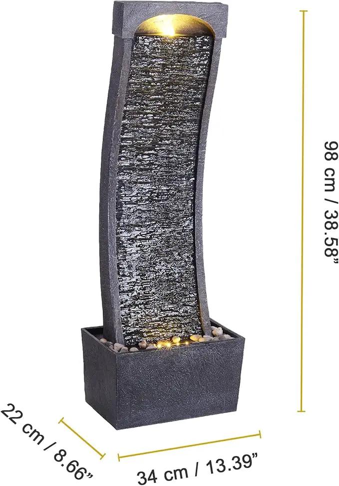 Teamson Home 38.58 in. Modern Curved Faux Slate Waterfall Fountain for Indoors or Outdoors with LED Light Accents and 1.98-Gallon Pump, Black and Stone Gray by GreenHaven Gardens