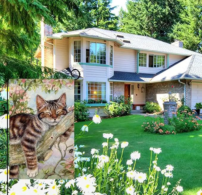 BLKWHT Spring Cat Garden Flag 12x18 Vertical Double Sided Pink Floral Farmhouse Holiday Outside Decorations Burlap Yard Flag BW573 by GreenHaven Gardens