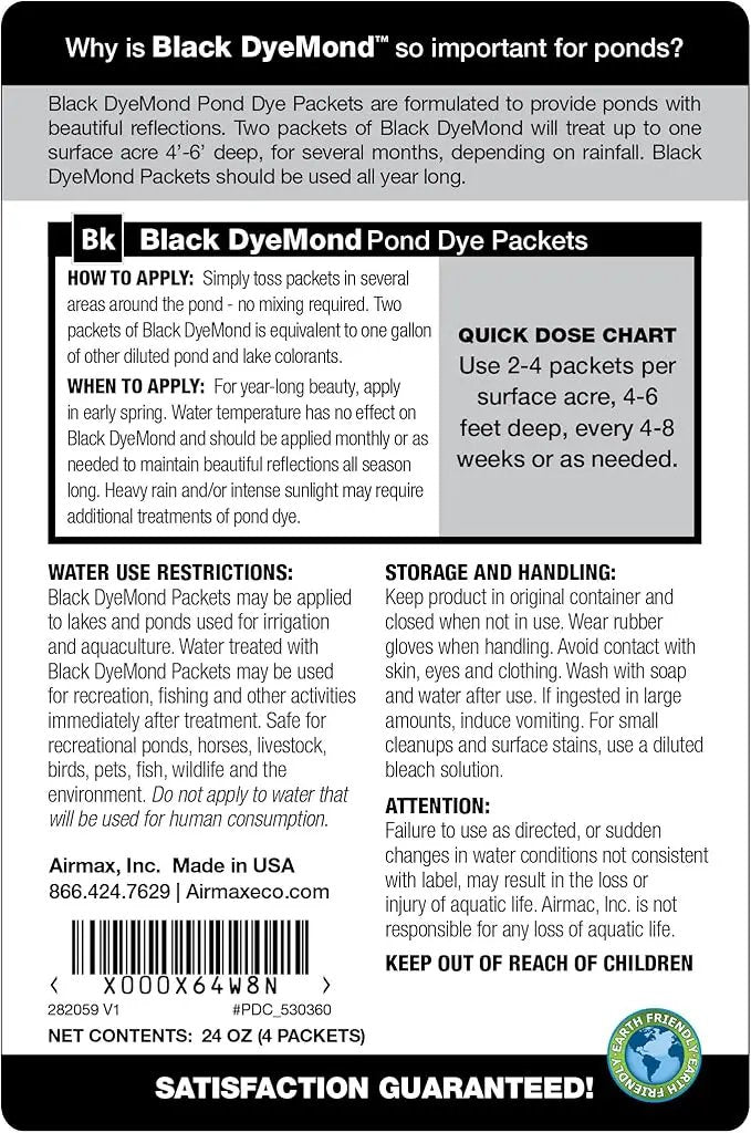 Airmax Pond Dye Packets Black DyeMond Colorant for Large Pond & Lake, Beneficial UV Blocking Color Concentrate, Maintain Clean & Clear Pond, Fish, Bird & Animal Safe, Easy Treatment, 2 Soluble Packets by GreenHaven Gardens