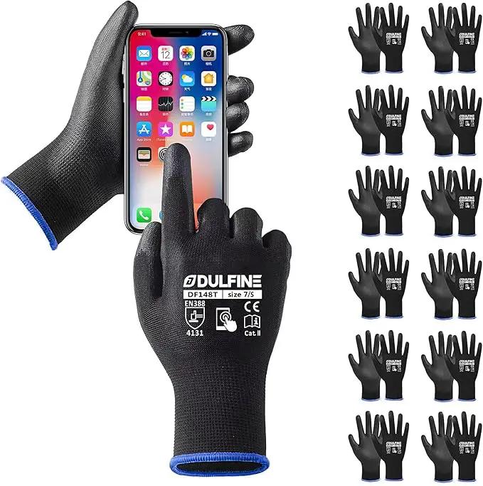 DULFINE Safety Work Gloves PU Coated for Men and Women-12 Pairs,Black Seamless Knit Glove with Two Fingers Touchscreen,Ideal for General Duty Work (Small) by GreenHaven Gardens
