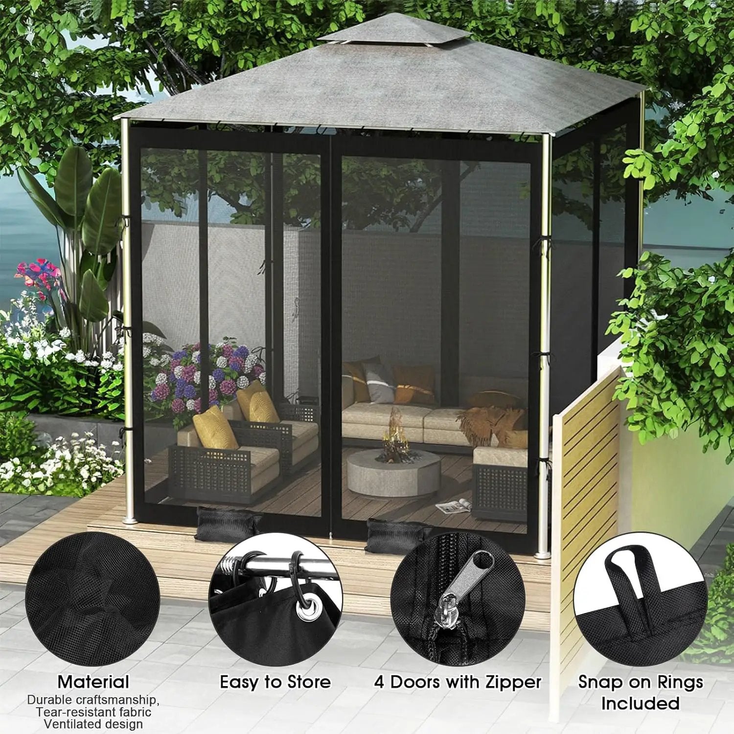 ShowyLive 12x12 Patio Umbrella Mosquito Netting with Zipper 4 Doors & 8 Weight Bag - Adjustable Polyester Mesh Bug Screen for Outdoor Umbrellas, Garden, Patio Tables (Black) by GreenHaven Gardens