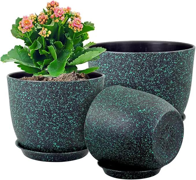 Plant Pots 10/9/8 inch, Set of 3 Modern Decorative Plastic Planters with Drainage Holes and Saucers for Garden House Plants, Flower Pots for Indoor Outdoor Plants, Black with Green Speckles by GreenHaven Gardens