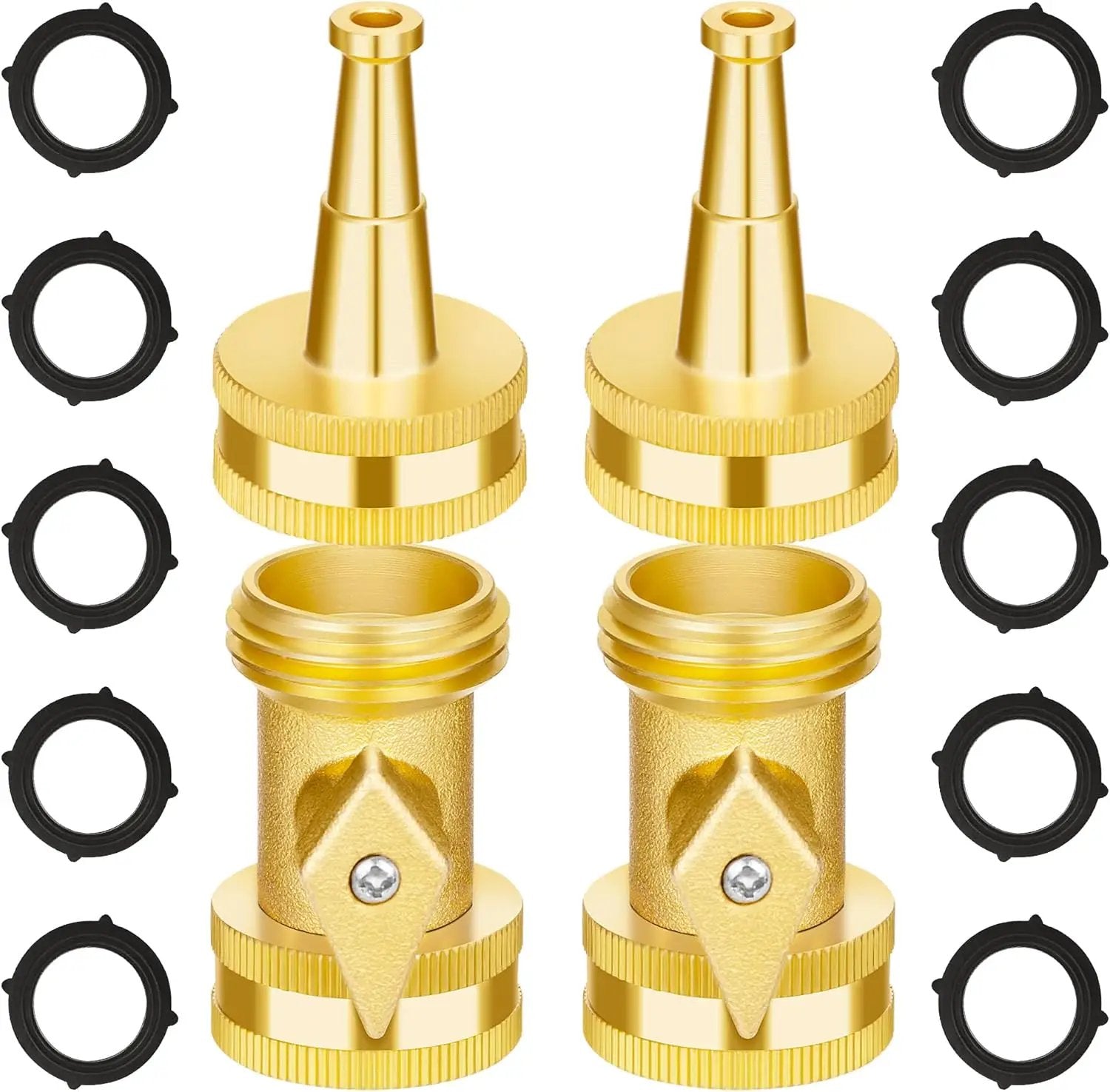 AUTOMAN Brass Hose Nozzle - High Pressure Jet Nozzle 4 Count (2 Set), Heavy Duty Water Hose Sprayer Sweeper with Hose Shutoff Valve, 3/4” GHT Nozzles for Garden Hose, Car Wash, Extra 10 Rubber Washers by GreenHaven Gardens