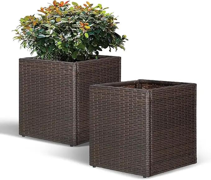 SUNNYPARK Set of 2 Large Square Planter with Removable Liner, All-Weather PE Rattan Modern Planters Indoor Outdoor Flower Plant Pots Garden Box Patio Yard Front Porch Deck by GreenHaven Gardens