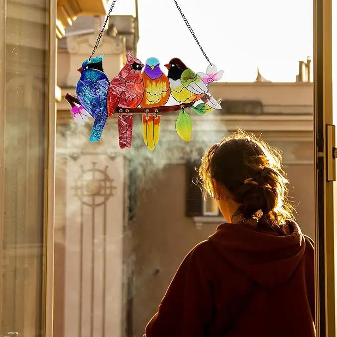 Stained Glass Window Hanging, Birds on A Branch Stain Glass Suncatcher, Hand-Painted Sun Catchers Indoor Window Decoration Bird Lover Gift for Mom, Grandma, Stocking Stuffers for Women by GreenHaven Gardens