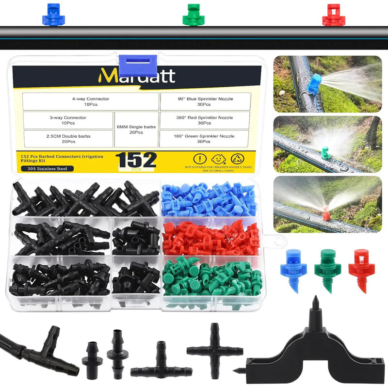152Pcs Drip Irrigation Barbed Connectors Fittings Kit for 1/4" Tubing Includes 90/180/360 Angle Atomizing Sprinkler Sprayer and Barbed Connector for Agriculture Hydroponic Garden Lawn by GreenHaven Gardens