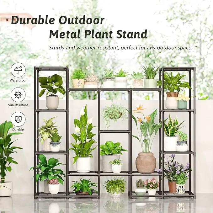 Large Plant Stand Indoor Outdoor Metal Plant Shelf Waterproof Plant Rack for Multiple Plants Wide Flower Stand for Patio Balcony Garden Black by GreenHaven Gardens