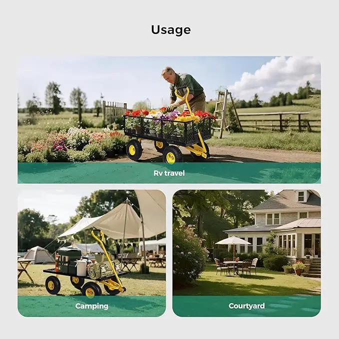 SUNNYFEEL 900 Lbs Capacity Heavy Duty Mesh Steel Garden Cart, Folding Utility Wagon with Removable Sides,10 Inch Flat Free Tires, Black & Yellow by GreenHaven Gardens