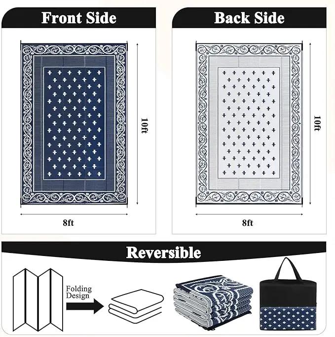 Pauwer Waterproof Outdoor Rug 8x10, Reversible Plastic Straw Patio Camping Rug, Indoor Outdoor RV Mat Carpet for Deck, Camper, Porch, Balcony, Backyard, Picnic, Bordered Navy by GreenHaven Gardens