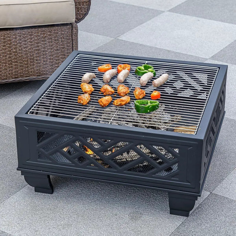 Breezz 26 Inch Wood Burning Fire Pit with Cooking Grill and Spark Screen, Outdoor Metal Firepit for Patio, Backyard, Bonfire Party, Camping and Garden by GreenHaven Gardens