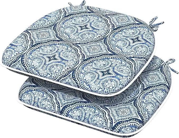 Indoor/Outdoor Chair Cushions 16x17 Inch, Patio Chair Cushions with Ties, All Weather Seat Cushions for Patio Furniture Home Garden Chair Use, Set of 2,Medallion Blue by GreenHaven Gardens