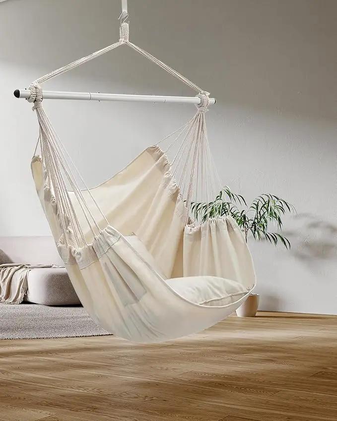 ADVOKAIR Hammock Chair Swing (500 lbs Max-2 Cushions) - Hanging Hammock Chair Rope Swing Indoor for Bedroom, Outdoor, Patio, Bedroom, Porch, Deck - Sturdy Steel Bar with Anti-Slip Safety Rings by GreenHaven Gardens