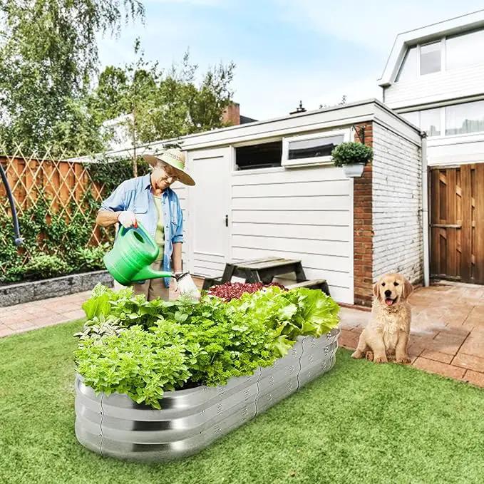 POTEY Galvanized Raised Garden Bed 2Pcs, Metal Planter Boxes Outdoor for Vegetables Flowers Herb, Oval Large Planter Raised Beds Kit with Weed Barrier Fabric and Soil Ventilation Holes (5.7L*1.7W FT) by GreenHaven Gardens