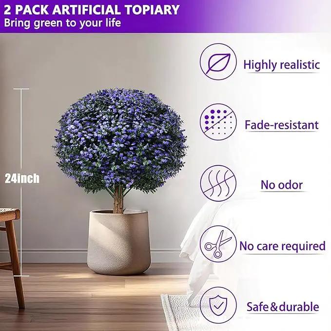 Set of 2 Artificial Boxwood Topiary Ball Trees Outdoor Faux Shrubs Artificial Boxwood Plants with Ground Spike, 24" Lavender Fake Evergreen Tree UV Resistant for Planter,Potted,Fall by GreenHaven Gardens