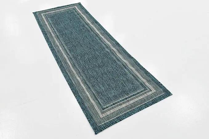 Unique Loom Outdoor Border Collection Area Rug - Soft Border (2'x 6' 1" Runner, Teal/ Ivory) by GreenHaven Gardens