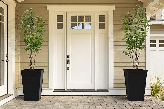 Keter Set of 2 Resin Modern Outdoor 22 Inch Tall Large Flower Pots, Tapered Wood Look Planters for Outdoor Plants and Front Porch Decor, Graphite by GreenHaven Gardens