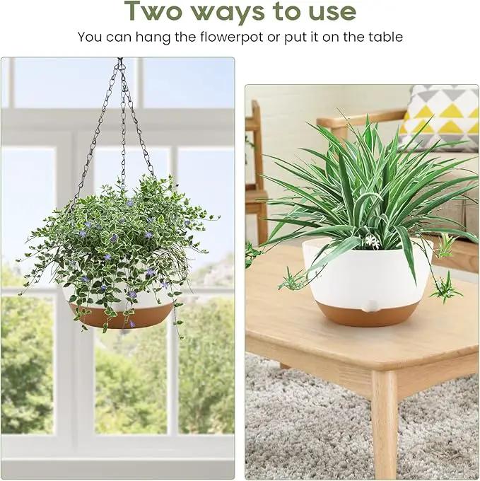 10 Inch Hanging Planter, 2 Pack Hanging Plant Self Watering Pot with Drainage Holes & Saucers, Hanging Baskets Flower Pots with Black Macrame Rope Hangers for Garden Home -White by GreenHaven Gardens