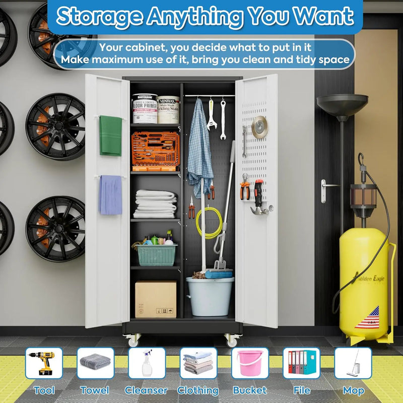 Broom Closet Storage Cabinet with Hanging Rod, 71" H Metal Garage Storage Cabinet with Wheels and 4 Adjustable Shelves, Locking Broom Closet with 13 Hooks for Garage, Bathroom, Home by GreenHaven Gardens