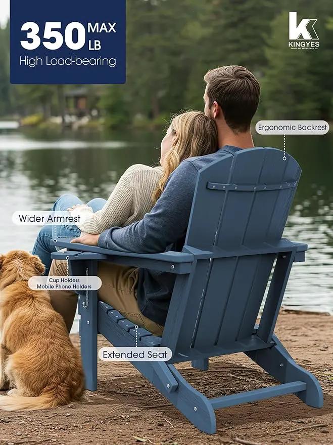 KINGYES Folding Adirondack Chair Set of 2, Dual Cup Holders & All-Weather HDPE, Wood-Like Patio Chair for Backyard, Camping, Pool & Fire Pit, Navy by GreenHaven Gardens