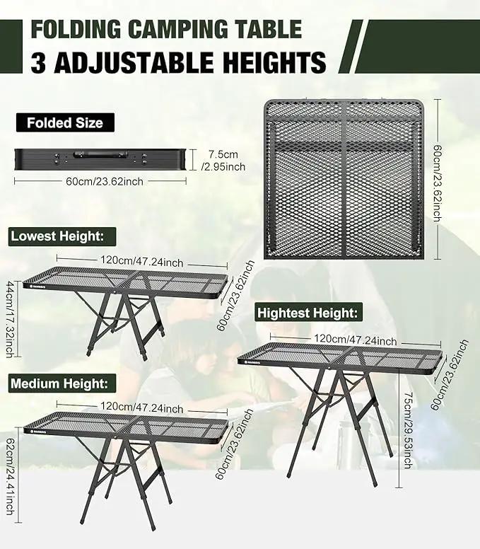 Foldable Grill Table with Mesh Desktop, 200lbs 4Ft Portable Folding Table, Height Adjustable Metal Table for Ourdoor, Camping, Picnic, BBQ and Beach, RV, 47.24" L x 23.62" W by GreenHaven Gardens