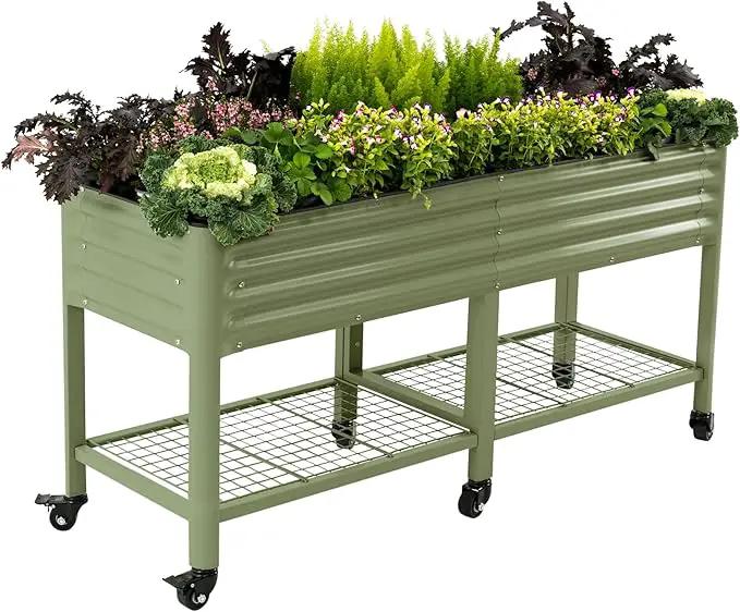 Rolling Elevated Raised Garden Bed-V Series, 2' x 6' Garden Beds with Legs & Storage Rack for Patio & Porch, 1000 Lbs Weight Capacity, Outdoor Planter Box for Vegetables Flower Herbs, Olive Green by GreenHaven Gardens