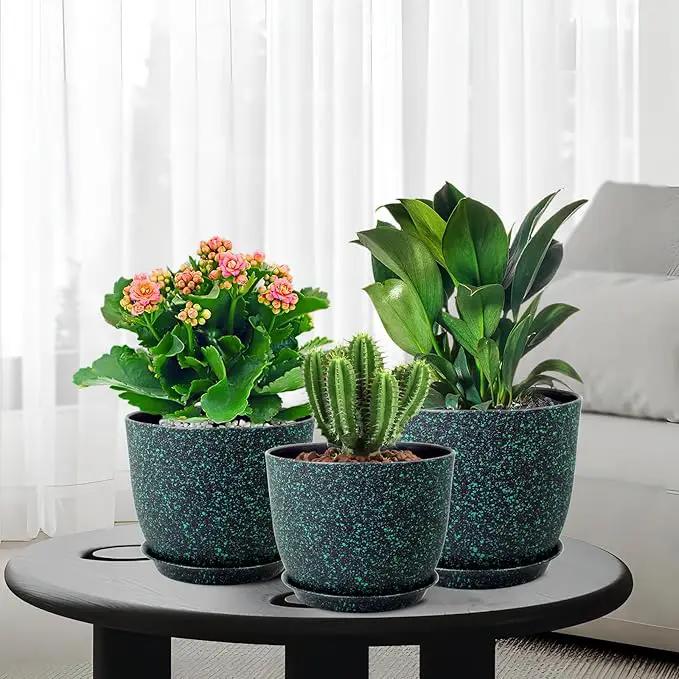 Large Flower Pots 12/10/9 inch, Set of 3 Decorative Plastic Planters with Drainage Holes and Saucers for Garden House Plants, Plant Pots for Indoor Outdoor Plants, Black with Green Speckles by GreenHaven Gardens