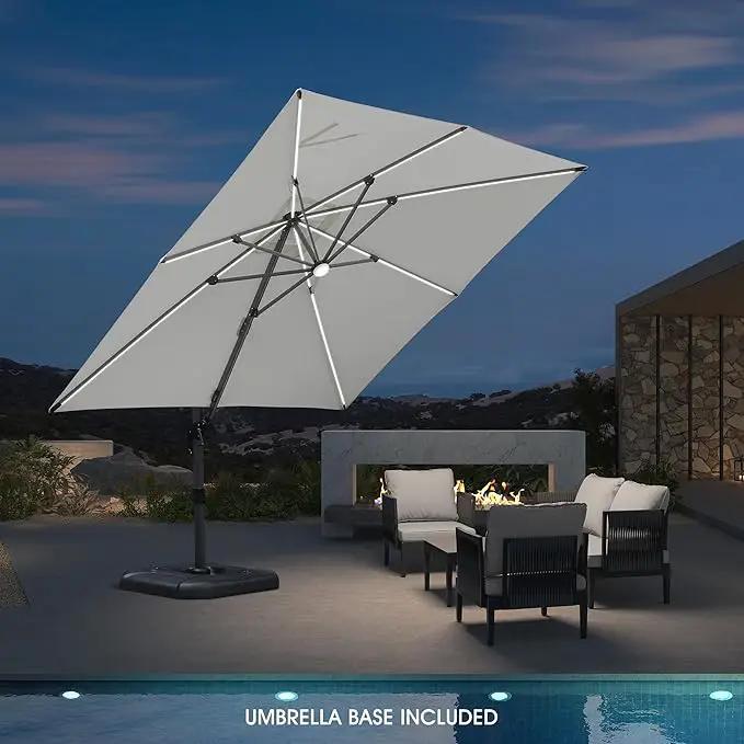 PURPLE LEAF 10 Feet Patio Umbrella with Base Outdoor Cantilever Solar Powered LED Square Umbrella Aluminum Offset Umbrella with 360-degree Rotation for Garden Deck Pool Patio White by GreenHaven Gardens