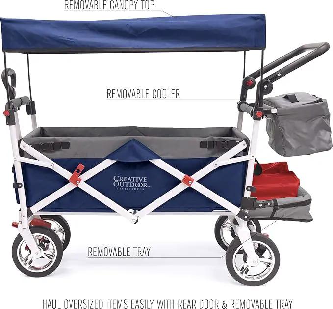 Creative Outdoor Push Pull Stroller Wagon for Kids,150lbs Weight Capacity, Collapsible Folding Cart with Canopy, Silver Series Plus, Beach, Park, Garden & Tailgate (Navy Blue) by GreenHaven Gardens