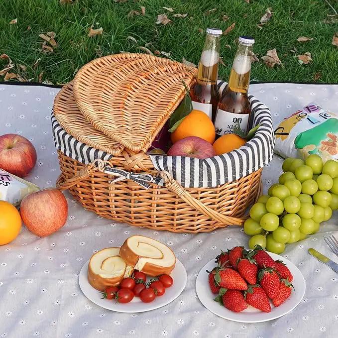 Happypicnic Wicker Picnic Basket with Handle, 15" Large Empty Picnic Basket with Lid & Removable Liner, Vintage Hand Woven Basket for Picnics, Camping, Veg Picking, Mother'S Day, Thanksgiving (Stripe) by GreenHaven Gardens