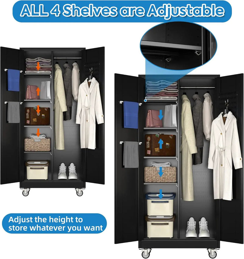 Garage Storage Cabinet with Wheels and 5 Pegboard, 71" H Metal Storage Cabinets with 2 Locking Doors and 4 Shelves, Broom Closet Storage Cabinet with Hanging Rod and 13 Hooks, Black by GreenHaven Gardens