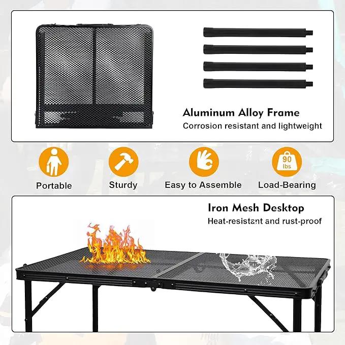 Camping Table with Mesh Desktop, Lightweight & Portable Folding Grill Table, Height Adjustable Metal Outdoor Table for Camp, Cooking, BBQ, RV, Picnic-4 FT Black by GreenHaven Gardens