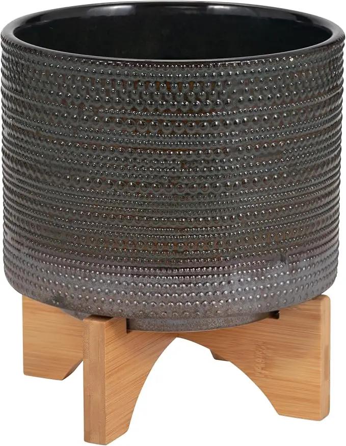 Sagebook Home 8" Ceramic Planter on Bamboo Wood Stand - Green Plant Stand with Contemporary Dotted Design - Indoor or Outdoor Plants and Succulents by GreenHaven Gardens