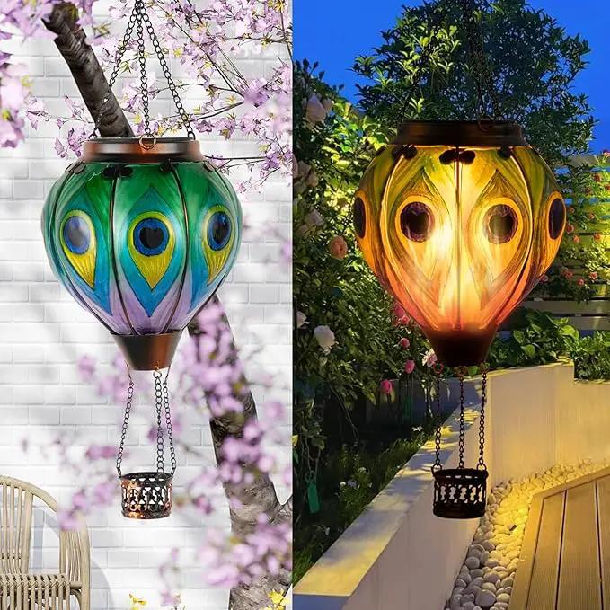 Peacock Hot Air Balloon Hanging Solar Lantern Lights, Flickering Flame Solar LED Candle Lights Outdoor Garden Decorative Metal & Glass Waterproof Lanterns for Yard Patio Farmhouse Decoration by GreenHaven Gardens