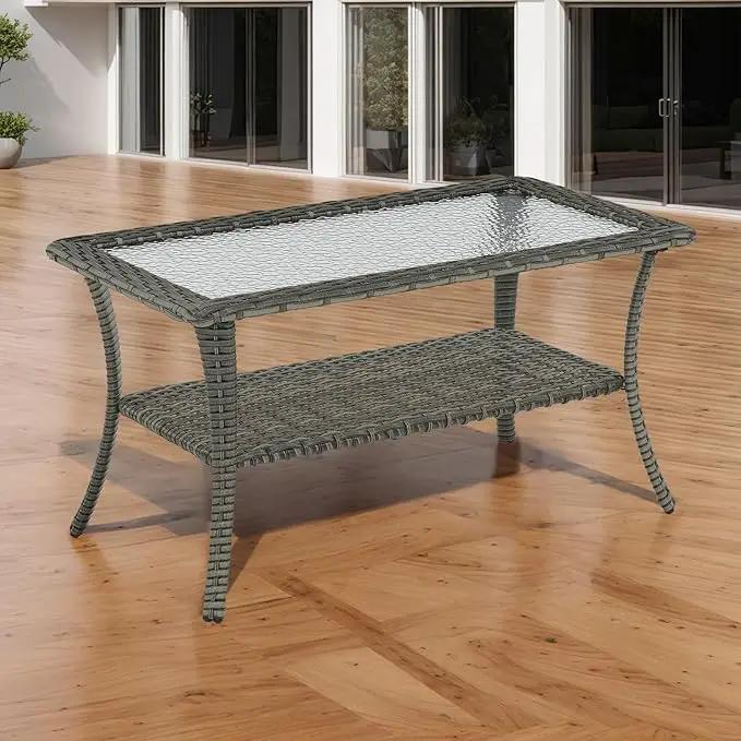 Patio Tables Outdoor Coffee Table - Wicker Rattan Coffee Tables with 2-Tier Storage Shelf Glass Top for Outside Proch Deck Balcony Garden Rectangle Mixed Grey by GreenHaven Gardens